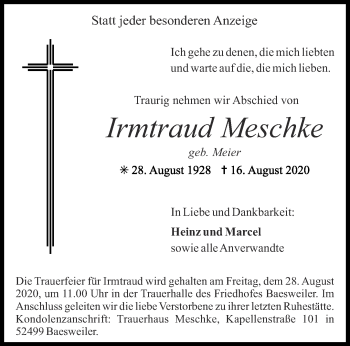 Traueranzeige von Irmtraud Meschke von Aachener Zeitung / Aachener Nachrichten
