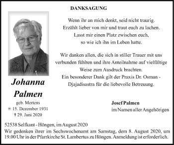 Traueranzeige von Johanna Palmen von Zeitung am Sonntag