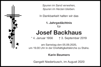 Traueranzeige von Josef Backhaus von Zeitung am Sonntag