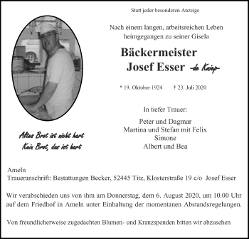 Traueranzeige von Josef Esser von Zeitung am Sonntag