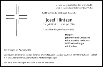 Traueranzeige von Josef Hintzen von Aachener Zeitung / Aachener Nachrichten