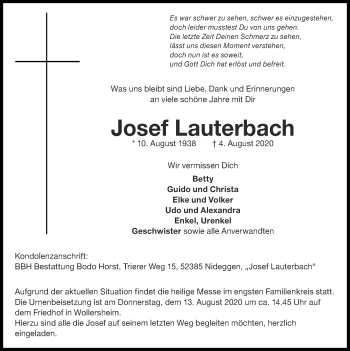 Traueranzeige von Josef Lauterbach von Zeitung am Sonntag