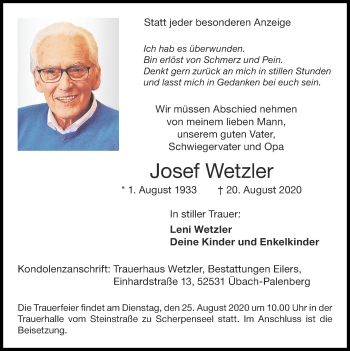 Traueranzeige von Josef Wetzler von Zeitung am Sonntag