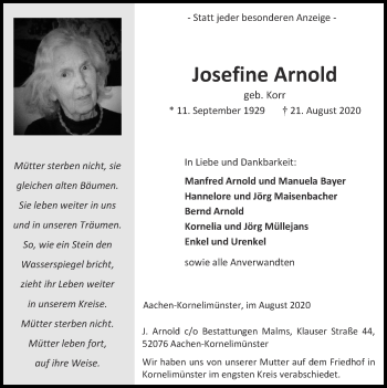Traueranzeige von Josefine Arnold von Zeitung am Sonntag