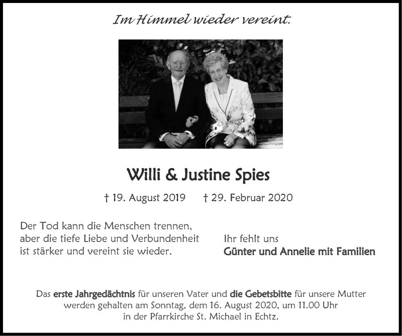  Traueranzeige für Justine Spies vom 09.08.2020 aus Zeitung am Sonntag