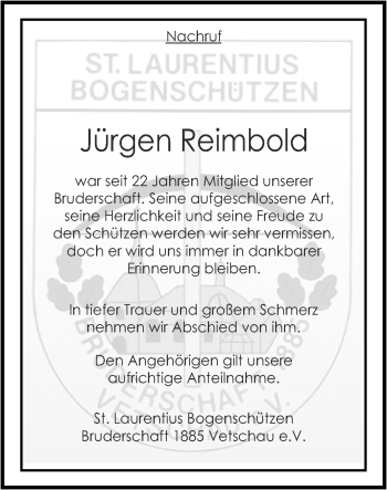 Traueranzeige von Jürgen Reimbold von Zeitung am Sonntag