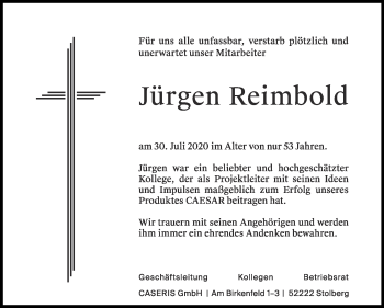Traueranzeige von Jürgen Reimbold von Zeitung am Sonntag
