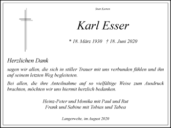 Traueranzeige von Karl Esser von Zeitung am Sonntag