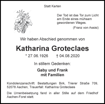 Traueranzeige von Katharina Groteclaes von Aachener Zeitung / Aachener Nachrichten