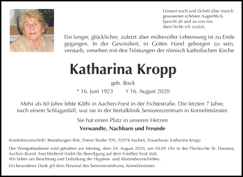 Traueranzeige von Katharina Kropp von Aachener Zeitung / Aachener Nachrichten