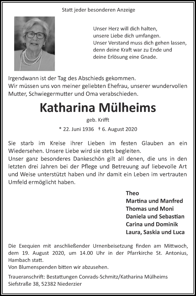  Traueranzeige für Katharina Mülheims vom 16.08.2020 aus Zeitung am Sonntag