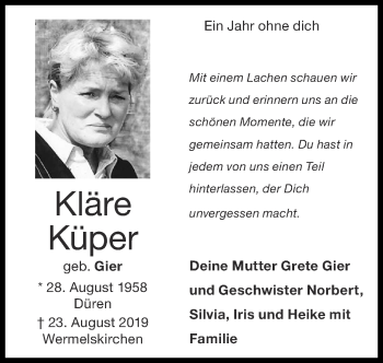 Traueranzeige von Kläre Küper von Zeitung am Sonntag