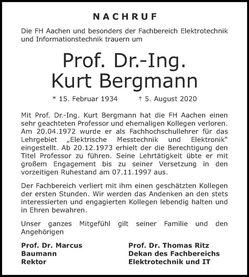  Traueranzeige für Kurt Bergmann vom 22.08.2020 aus Aachener Zeitung / Aachener Nachrichten