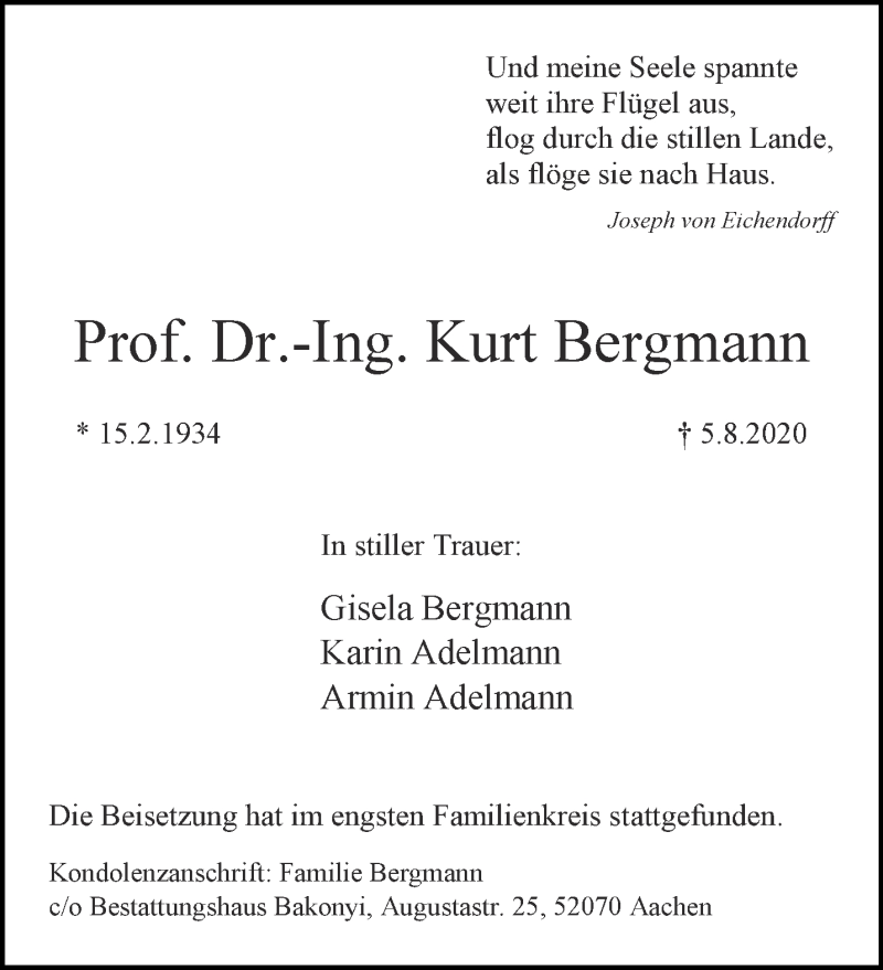  Traueranzeige für Kurt Bergmann vom 22.08.2020 aus Aachener Zeitung / Aachener Nachrichten