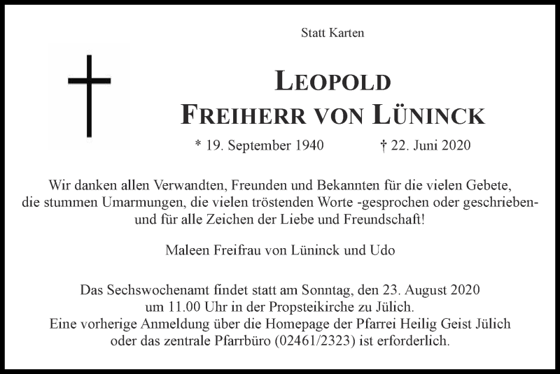  Traueranzeige für Leopold von Lüninck vom 09.08.2020 aus Zeitung am Sonntag