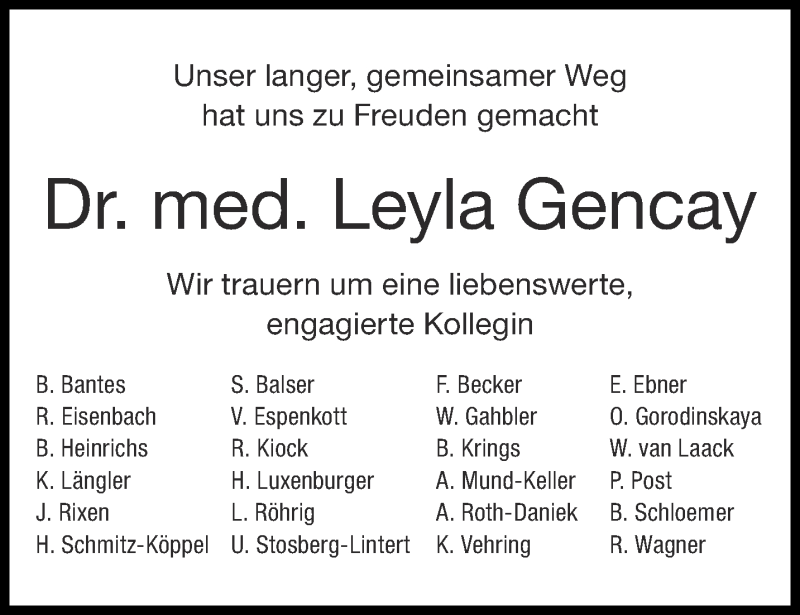  Traueranzeige für Leyla Gencay vom 22.08.2020 aus Aachener Zeitung / Aachener Nachrichten