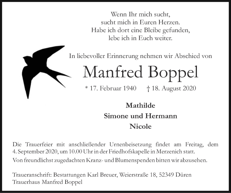  Traueranzeige für Manfred Boppel vom 30.08.2020 aus Zeitung am Sonntag