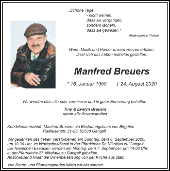 Traueranzeige von Manfred Breuers von Zeitung am Sonntag