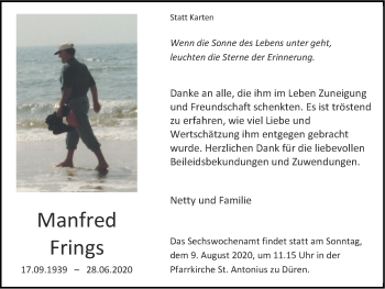 Traueranzeige von Manfred Frings von Zeitung am Sonntag