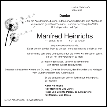 Traueranzeige von Manfred Heinrichs von Zeitung am Sonntag