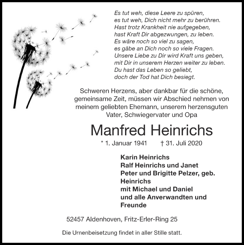  Traueranzeige für Manfred Heinrichs vom 09.08.2020 aus Zeitung am Sonntag