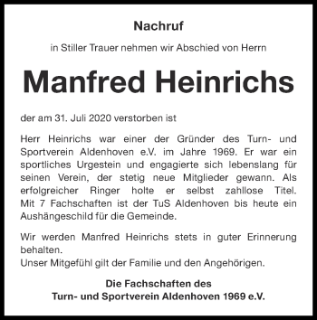 Traueranzeige von Manfred Heinrichs von Zeitung am Sonntag