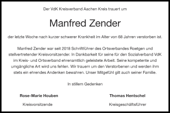 Traueranzeige von Manfred Zender von Zeitung am Sonntag