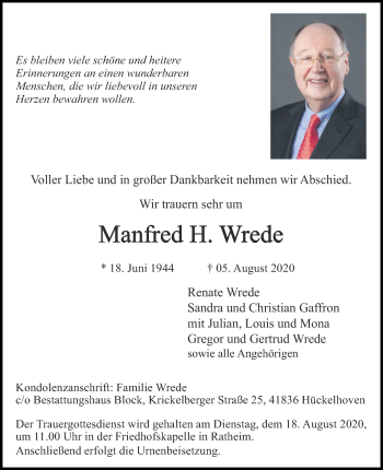 Traueranzeige von Manfred H. Wrede von Zeitung am Sonntag