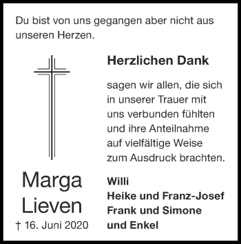 Traueranzeige von Marga Lieven von Zeitung am Sonntag
