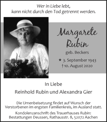 Traueranzeige von Margarete Rubin von Zeitung am Sonntag