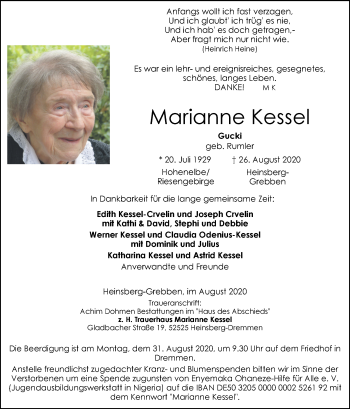 Traueranzeige von Marianne Kessel von Zeitung am Sonntag