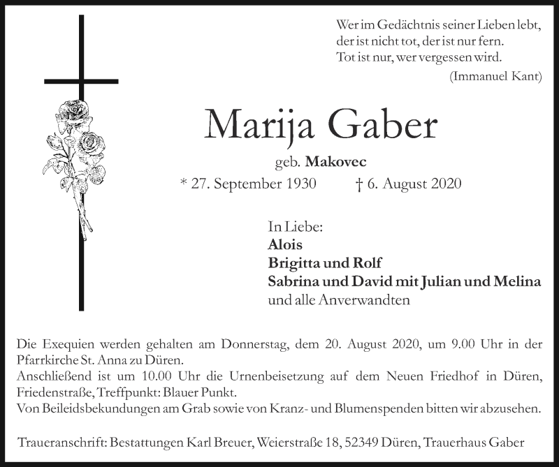  Traueranzeige für Marija Gaber vom 16.08.2020 aus Zeitung am Sonntag