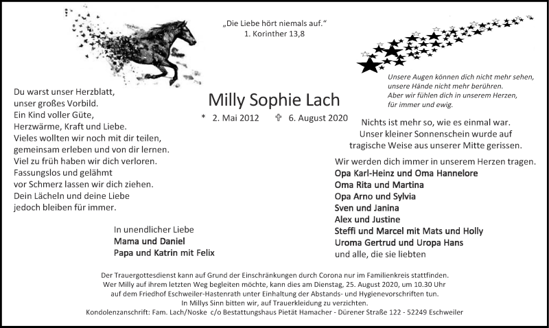  Traueranzeige für Milly Sophie Lach vom 16.08.2020 aus Zeitung am Sonntag