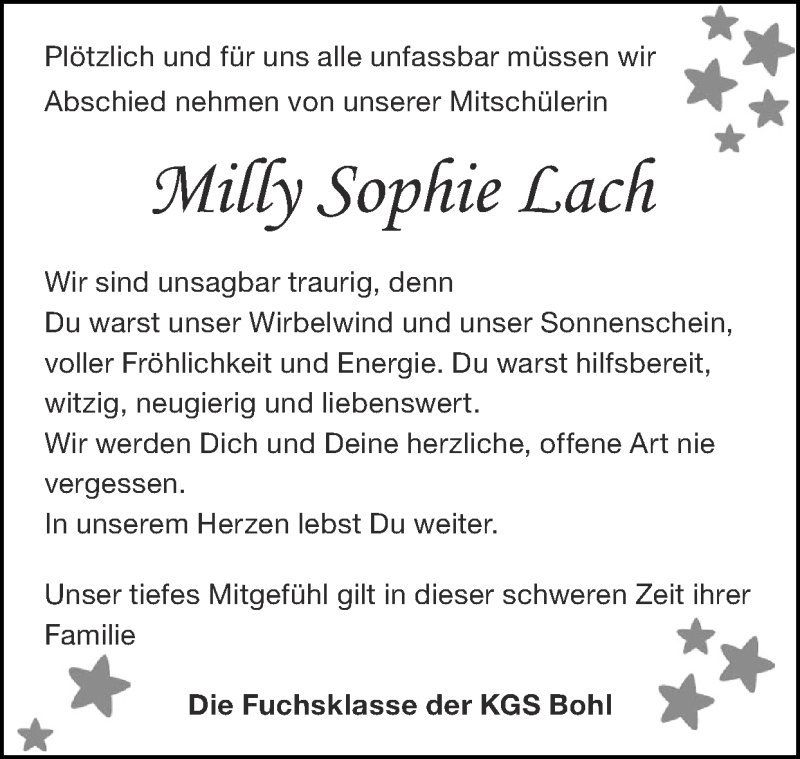  Traueranzeige für Milly Sophie Lach vom 23.08.2020 aus Zeitung am Sonntag