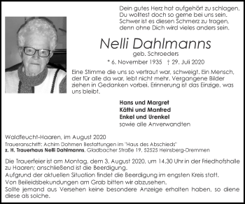 Traueranzeige von Nelli Dahlmanns von Zeitung am Sonntag
