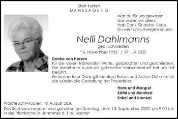 Traueranzeige von Nelli Dahlmanns von Zeitung am Sonntag