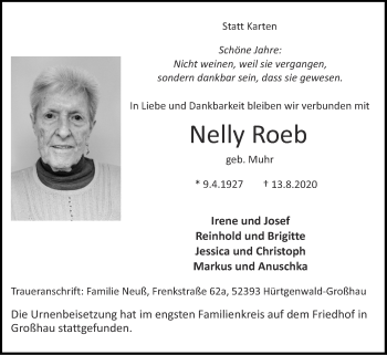 Traueranzeige von Nelly Roeb von Zeitung am Sonntag