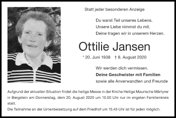 Traueranzeige von Ottilie Jansen von Zeitung am Sonntag