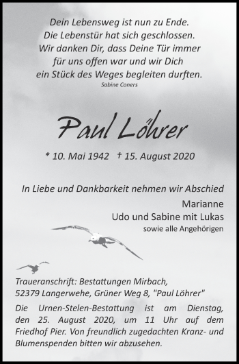Traueranzeige von Paul Löhrer von Zeitung am Sonntag