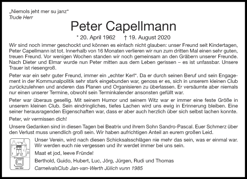  Traueranzeige für Peter Capellmann vom 29.08.2020 aus Aachener Zeitung / Aachener Nachrichten