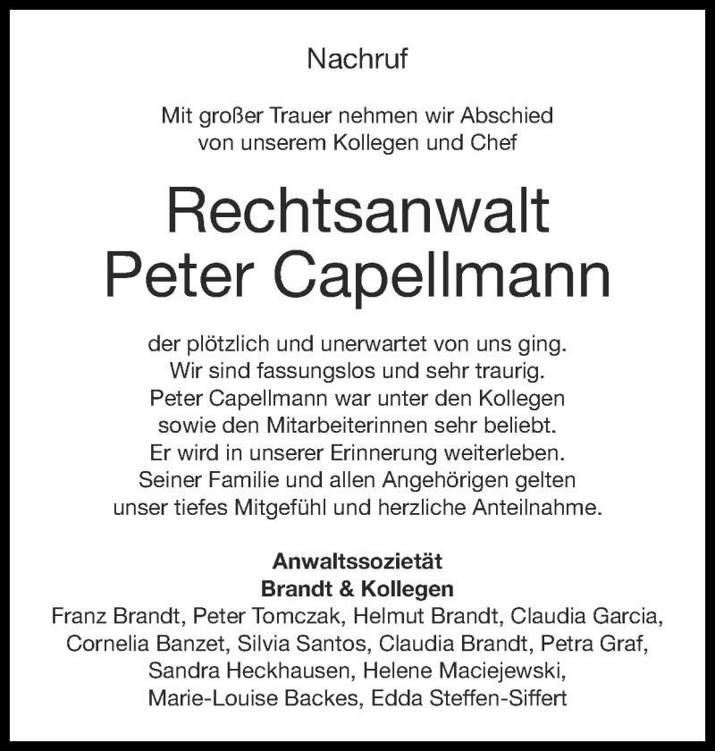  Traueranzeige für Peter Capellmann vom 30.08.2020 aus Zeitung am Sonntag