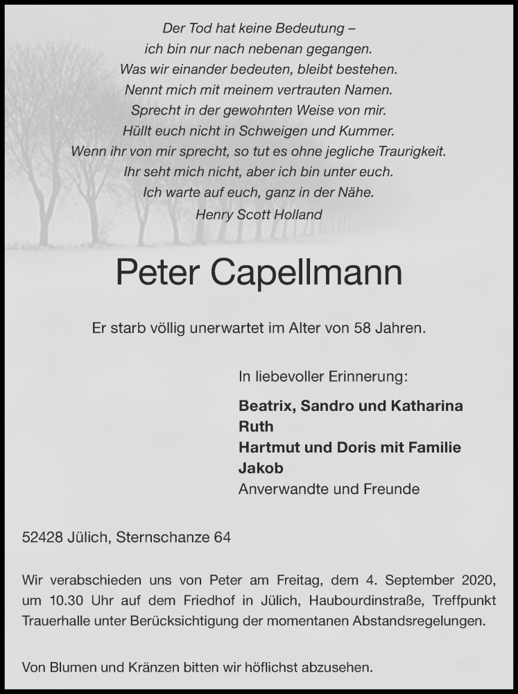  Traueranzeige für Peter Capellmann vom 30.08.2020 aus Zeitung am Sonntag