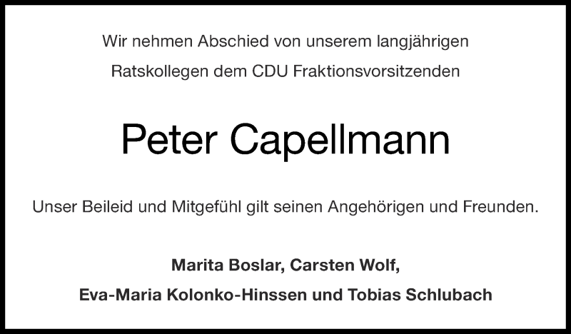  Traueranzeige für Peter Capellmann vom 30.08.2020 aus Zeitung am Sonntag