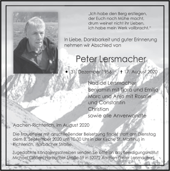 Traueranzeige von Peter Lersmacher von Zeitung am Sonntag