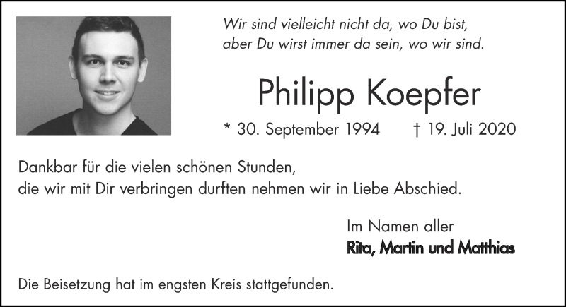 Traueranzeige für Philipp Koepfer vom 15.08.2020 aus Aachener Zeitung / Aachener Nachrichten