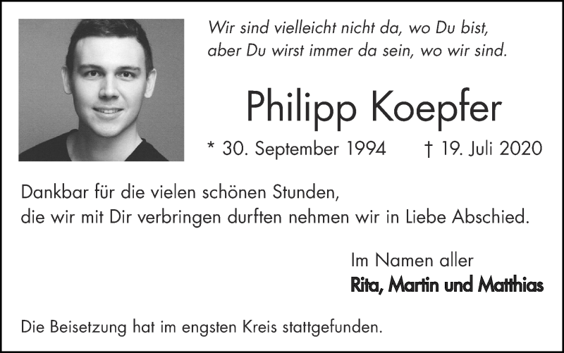  Traueranzeige für Philipp Koepfer vom 16.08.2020 aus Zeitung am Sonntag