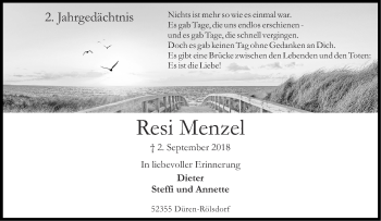 Traueranzeige von Resi Menzel von Aachener Zeitung / Aachener Nachrichten