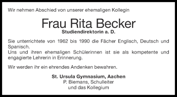 Traueranzeige von Rita Becker von Aachener Zeitung / Aachener Nachrichten