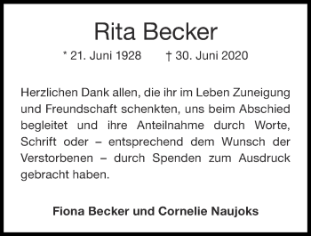 Traueranzeige von Rita Becker von Aachener Zeitung / Aachener Nachrichten