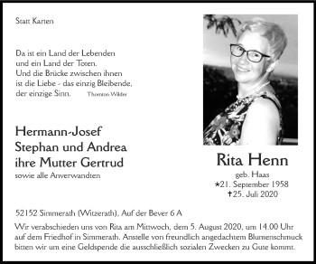 Traueranzeige von Rita Henn von Zeitung am Sonntag